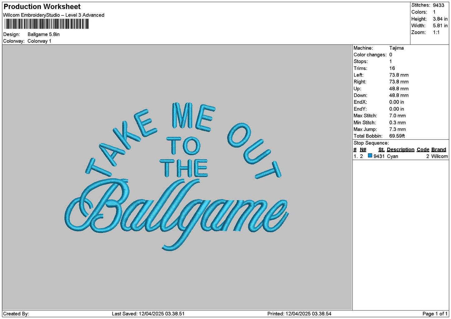 Ballgametext Embroidery File 6 sizes