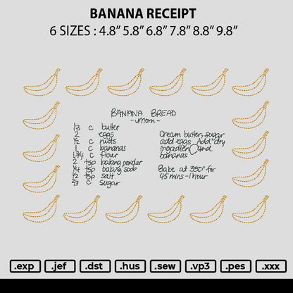 Banana Receipt Embroidery File 6 sizes