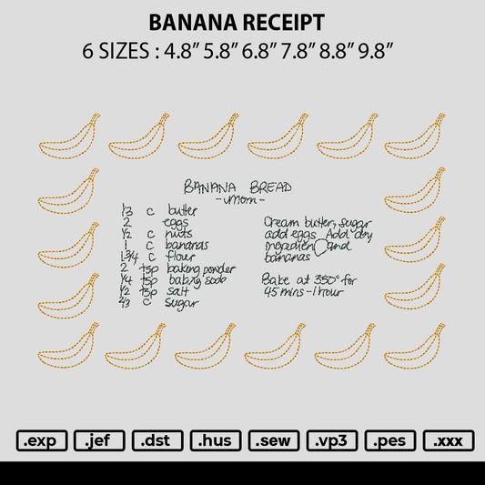Banana Receipt Embroidery File 6 sizes