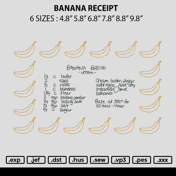 Banana Receipt Embroidery File 6 sizes