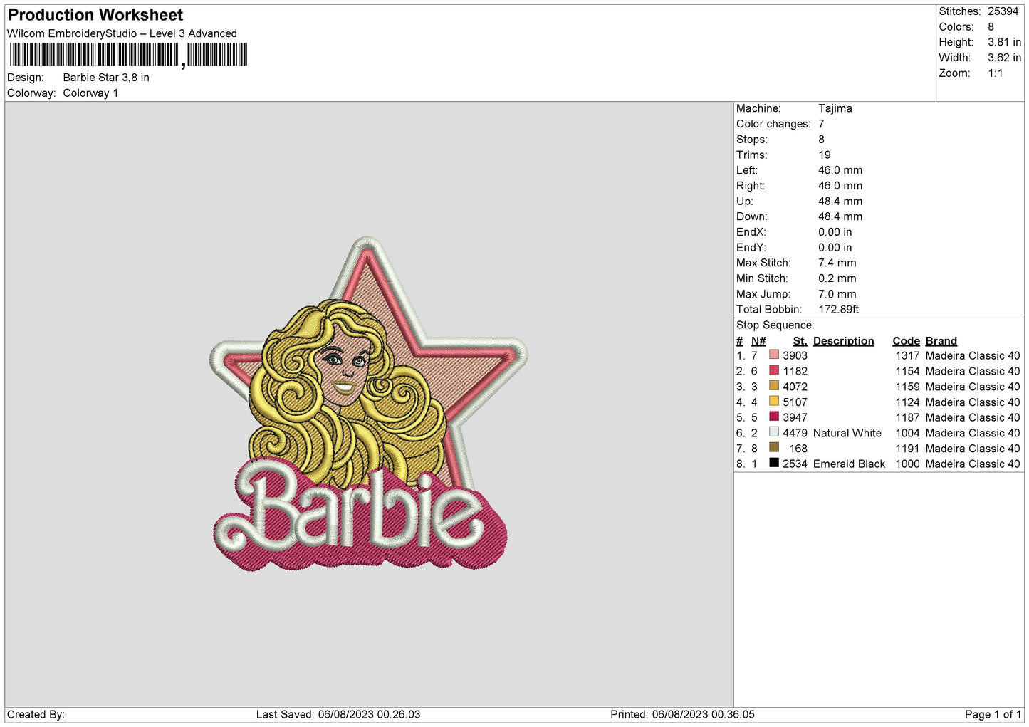 Barbie Star Embroidery File 6 sizes