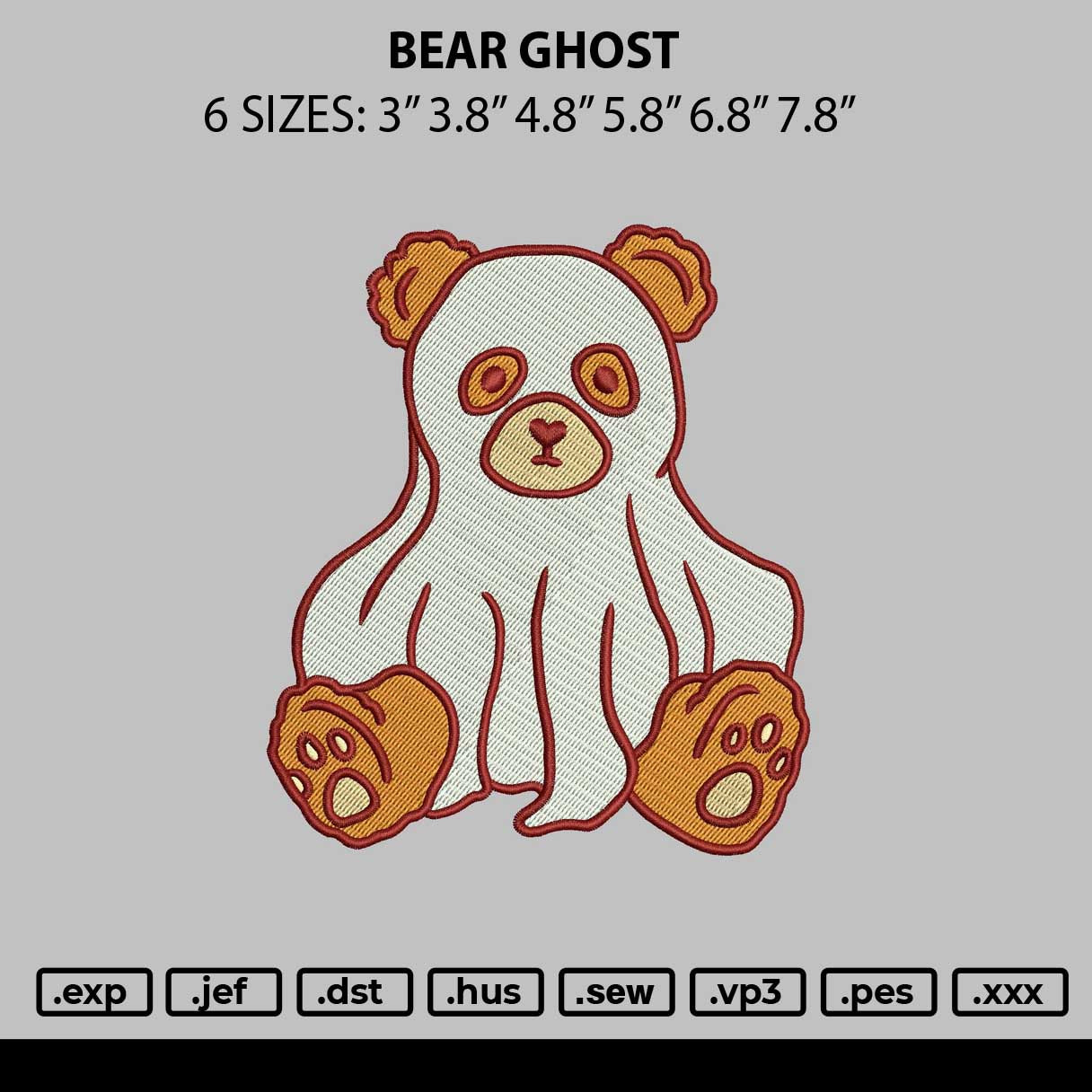 Bear Ghost Embroidery File 6 sizes
