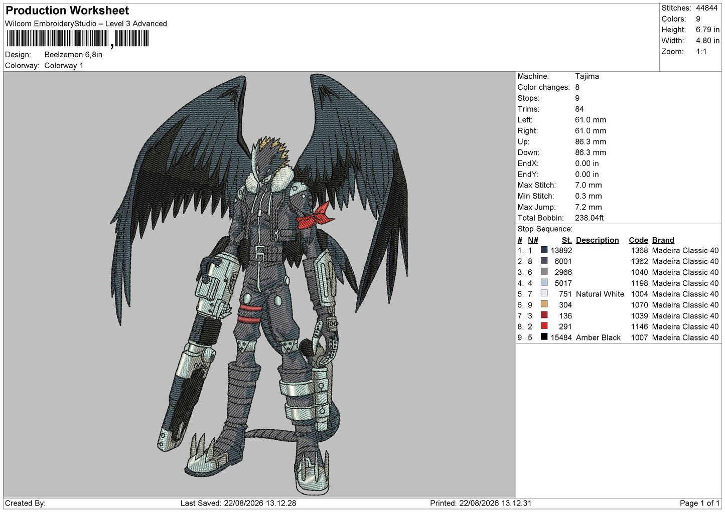 Beelzemon 02 Embroidery Machine Design File 6 sizes