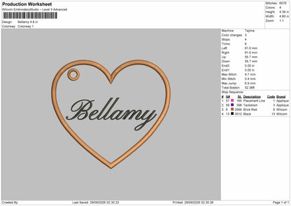 Bellamy Text Embroidery Machine Design File 6 sizes
