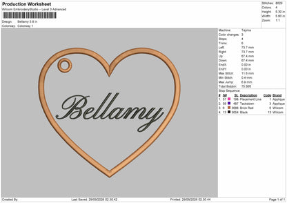 Bellamy Text Embroidery Machine Design File 6 sizes