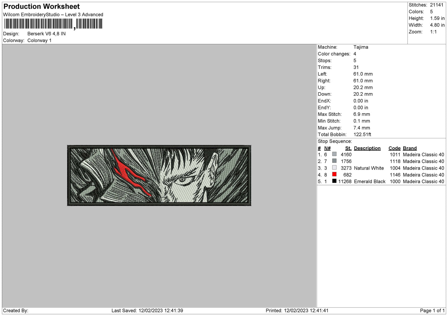 Berserk V6 Embroidery File 6 sizes