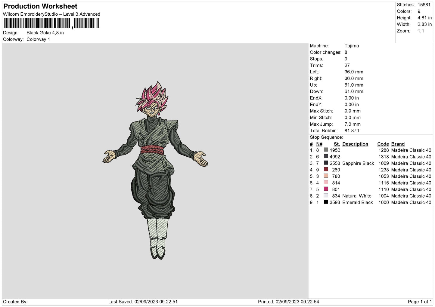 Black Goku Embroidery Design File 6 sizes