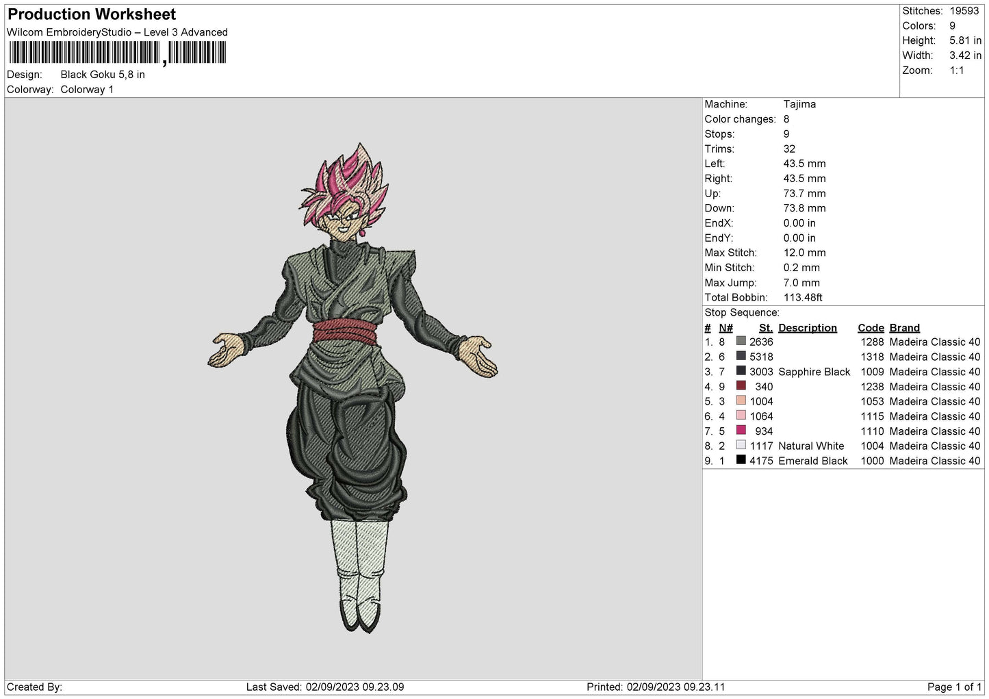 Black Goku Embroidery Design File 6 sizes