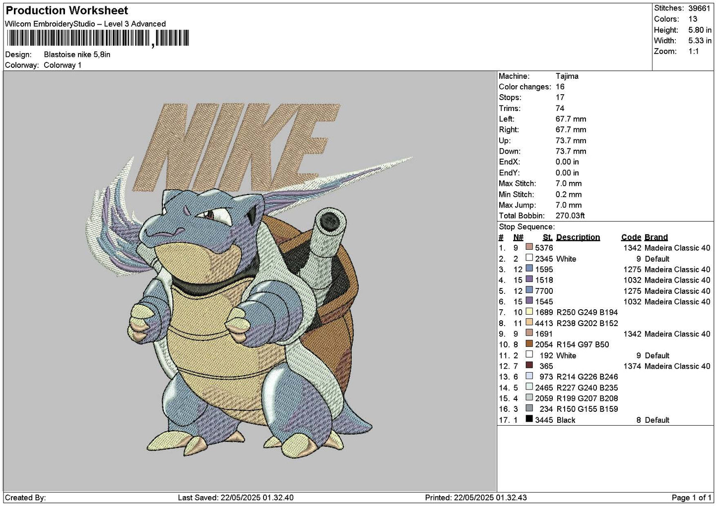 Nike Blastoise Embroidery File 6 sizes