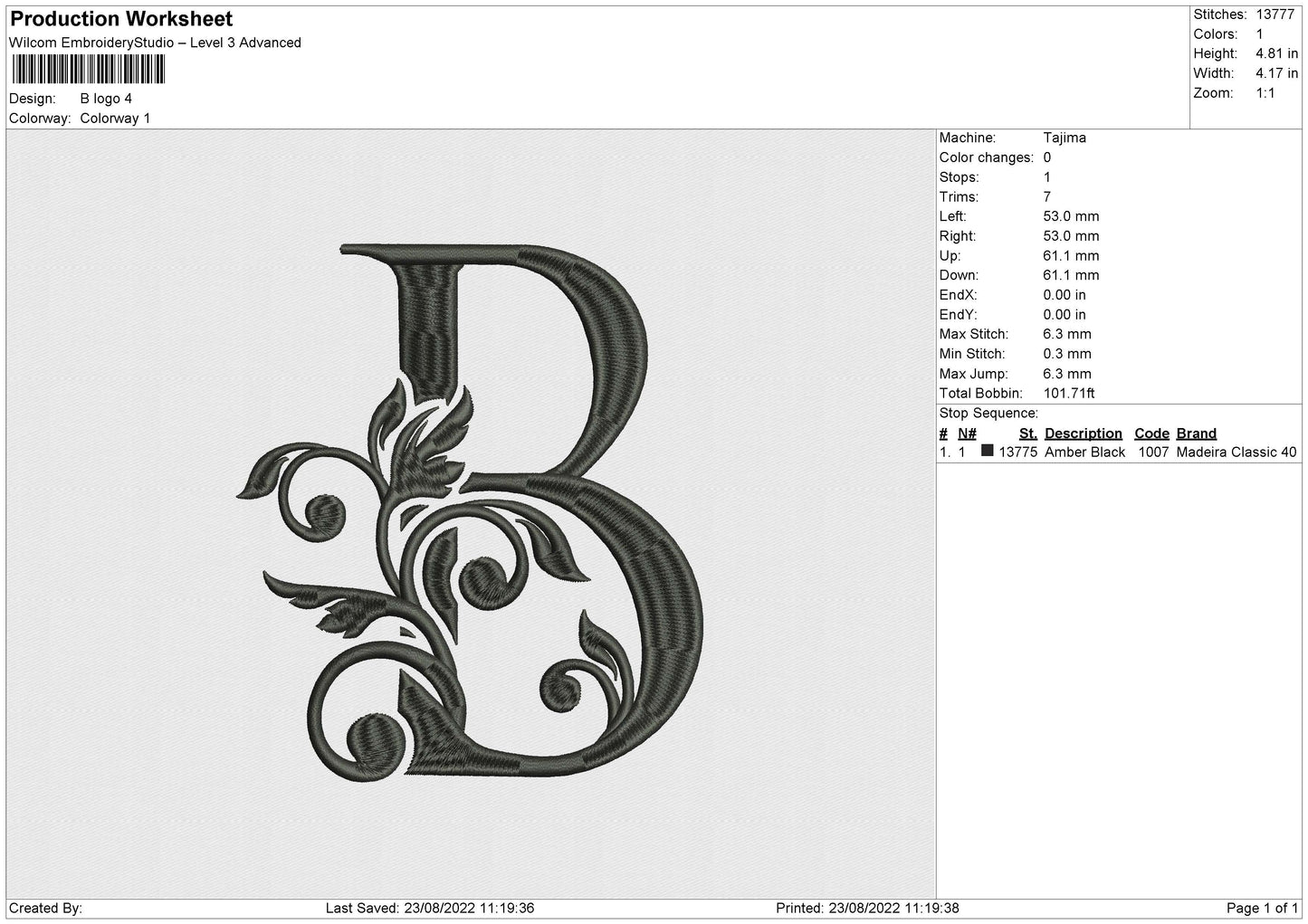 B Logo Embroidery File 6 sizes