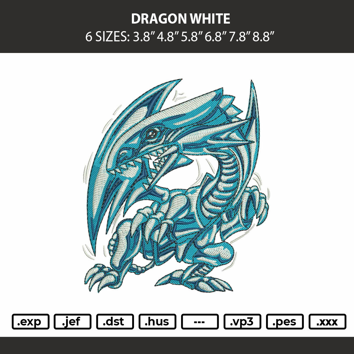 Dragon White Embroidery Machine Design File 6 sizes