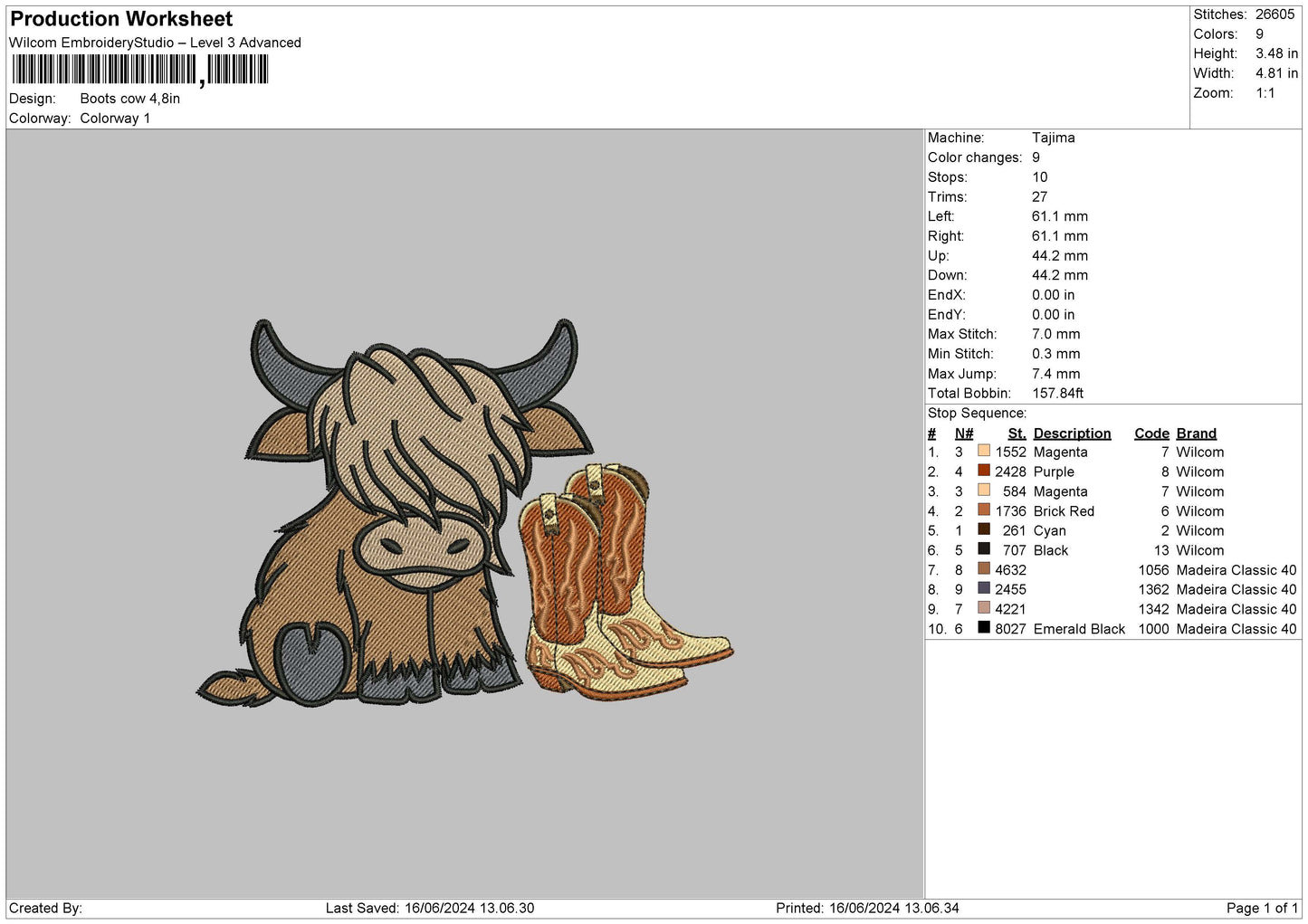 Boots Cow 01 Embroidery File 6 sizes