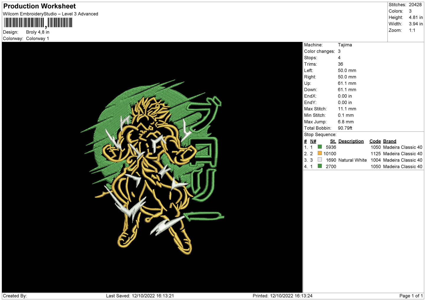 Broly Embroidery File 6 sizes