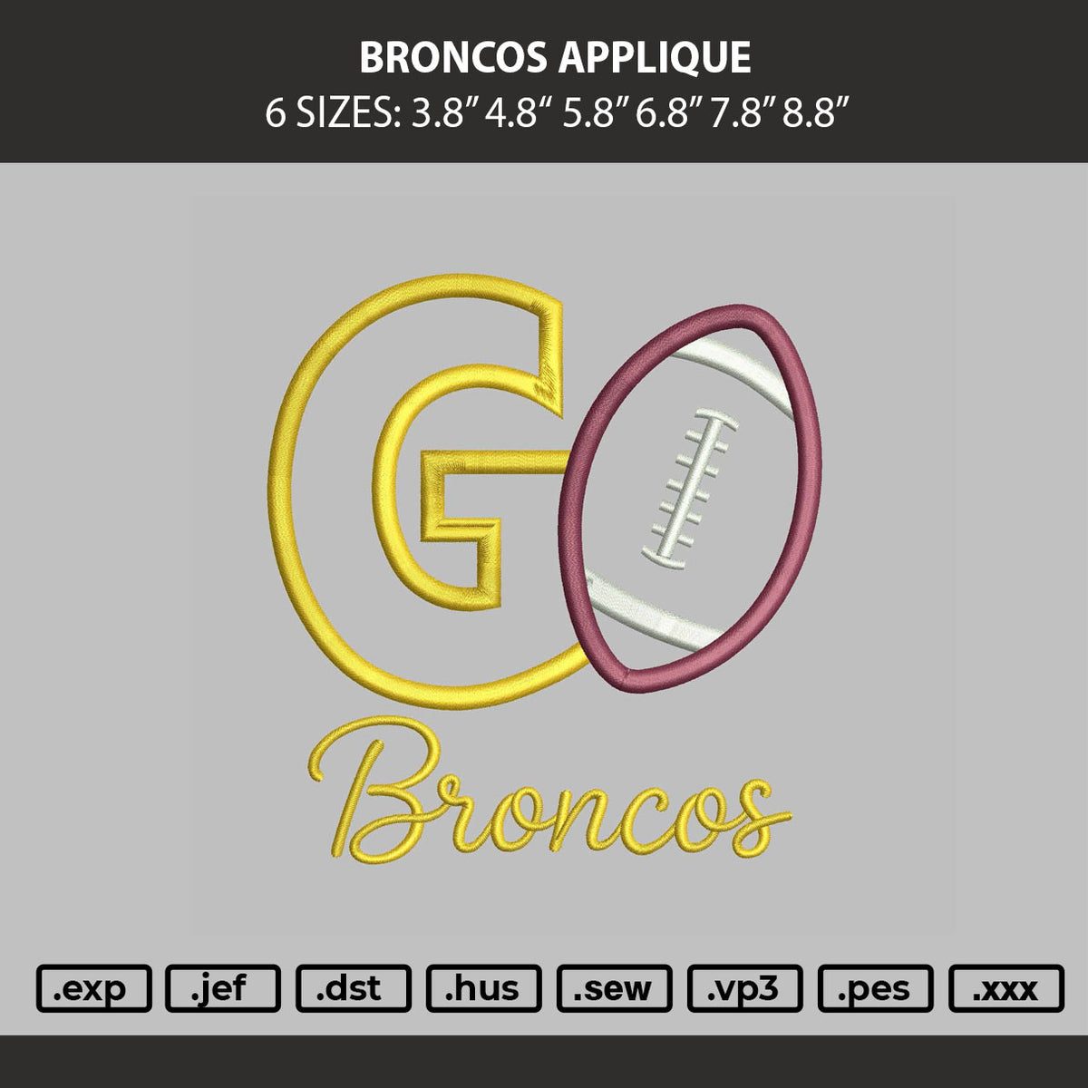 Broncos Applique Embroidery Machine Design File 6 sizes