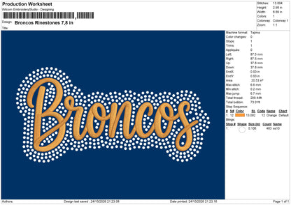 Broncos RinestoneS Embroidery Machine and Rinestone Design Files