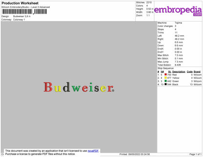 Budweiser Embroidery Design  File 4 size