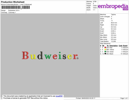 Budweiser Embroidery Design  File 4 size