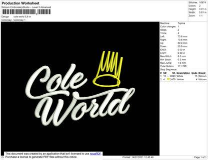 Cole World Embroidery File 4 size