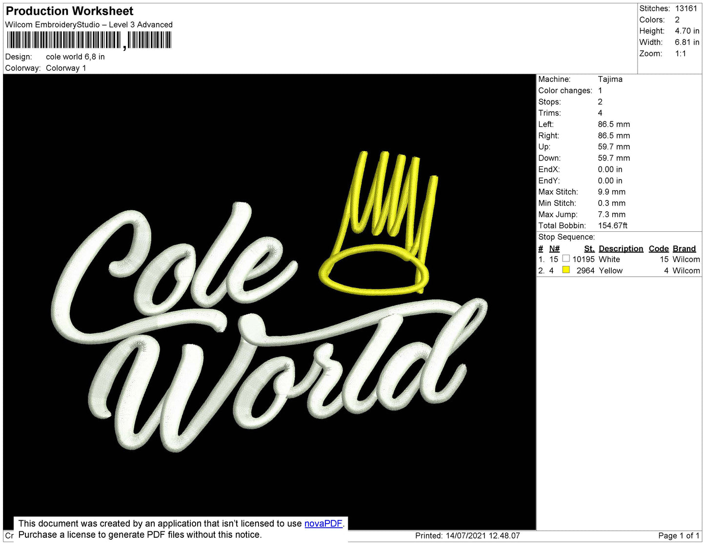 Cole World Embroidery File 4 size