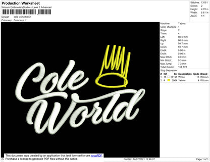 Cole World Embroidery File 4 size