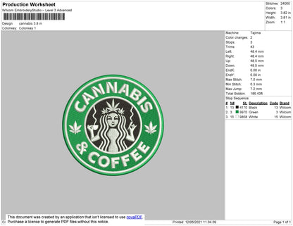Cannabis Coffee Embroidery Design File 4 size