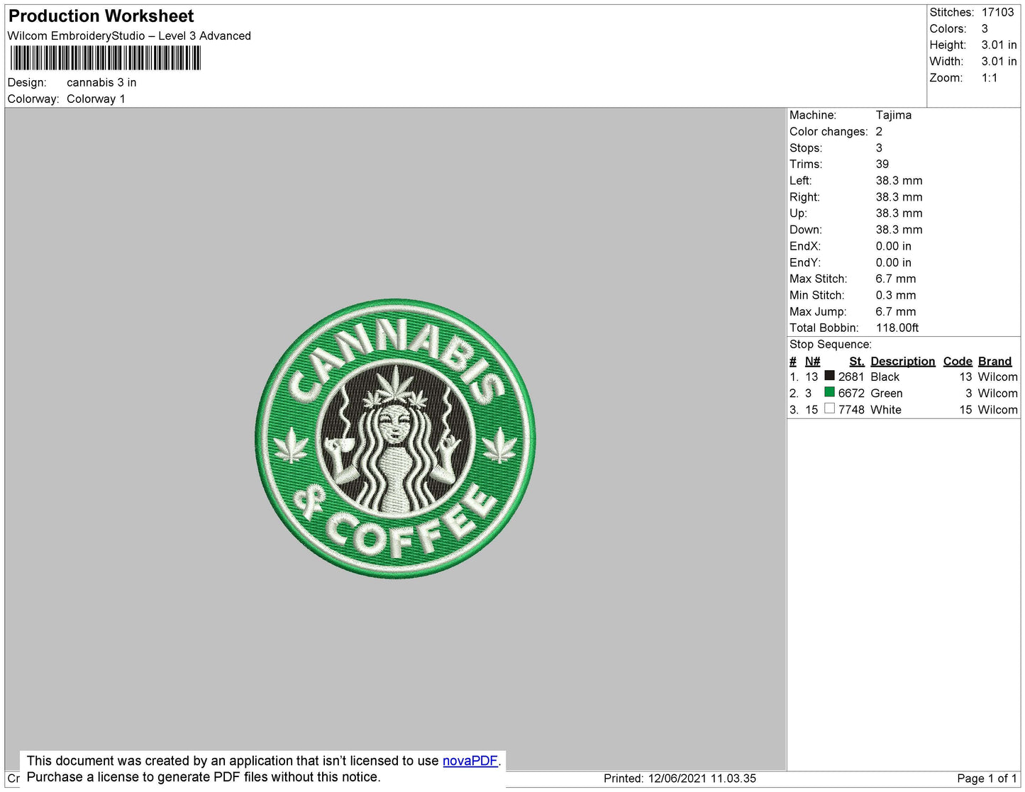 Cannabis Coffee Embroidery Design File 4 size