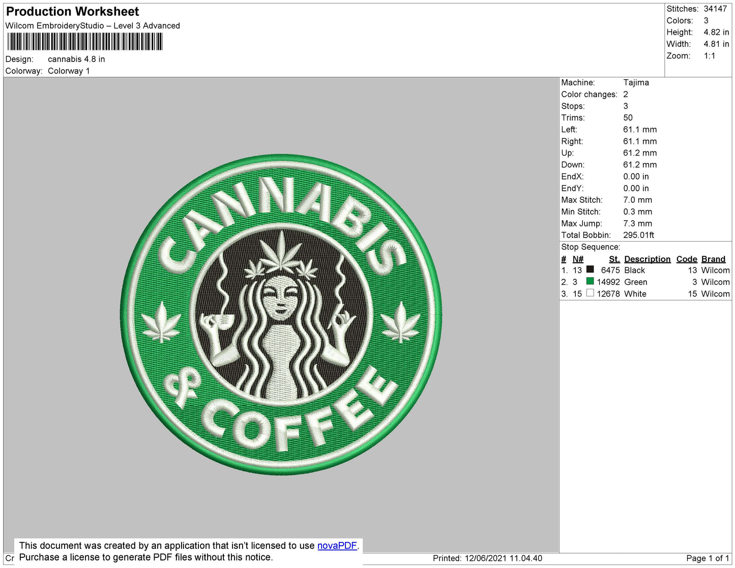 Cannabis Coffee Embroidery Design File 4 size