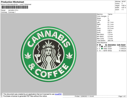 Cannabis Coffee Embroidery Design File 4 size