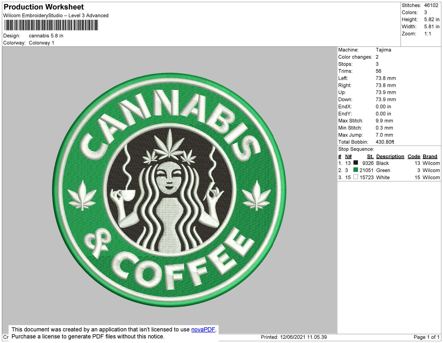 Cannabis Coffee Embroidery Design File 4 size