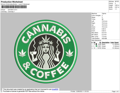 Cannabis Coffee Embroidery Design File 4 size