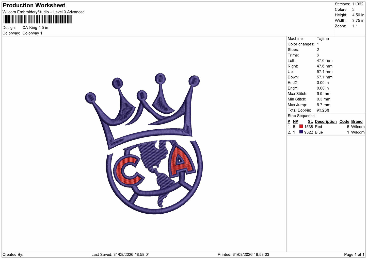 Ca King Embroidery Machine Design File 6 sizes