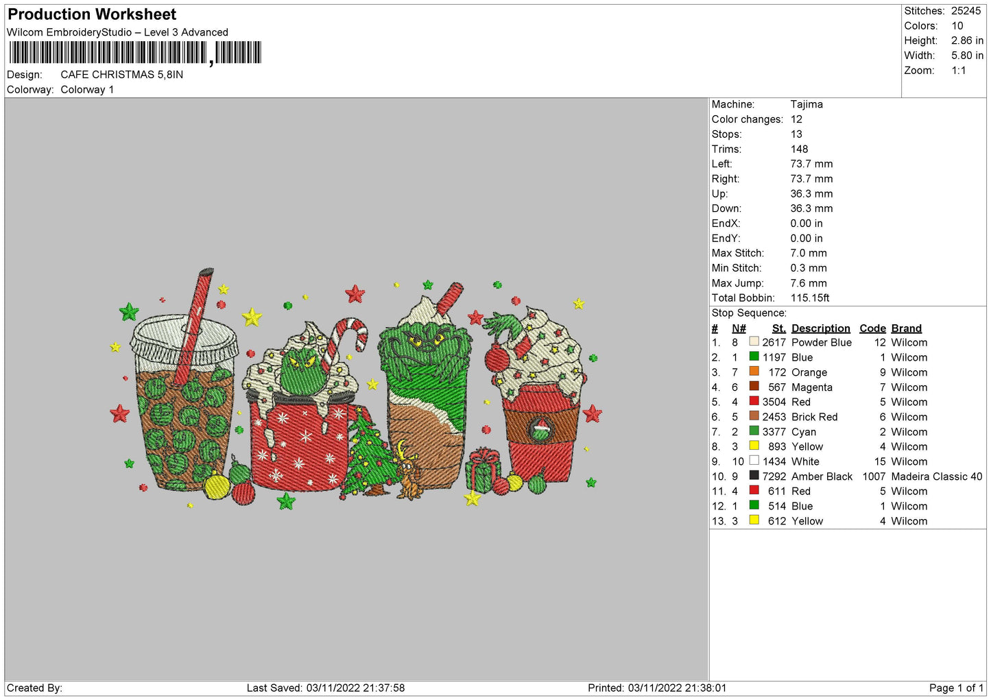 Cafe Xmas Embroidery File 6 sizes