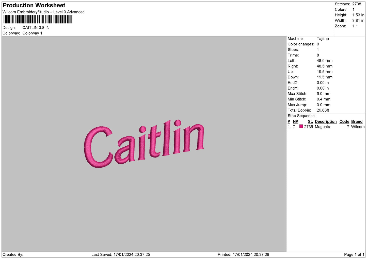 Caitlin Text Embroidery Machine Design File 6 sizes