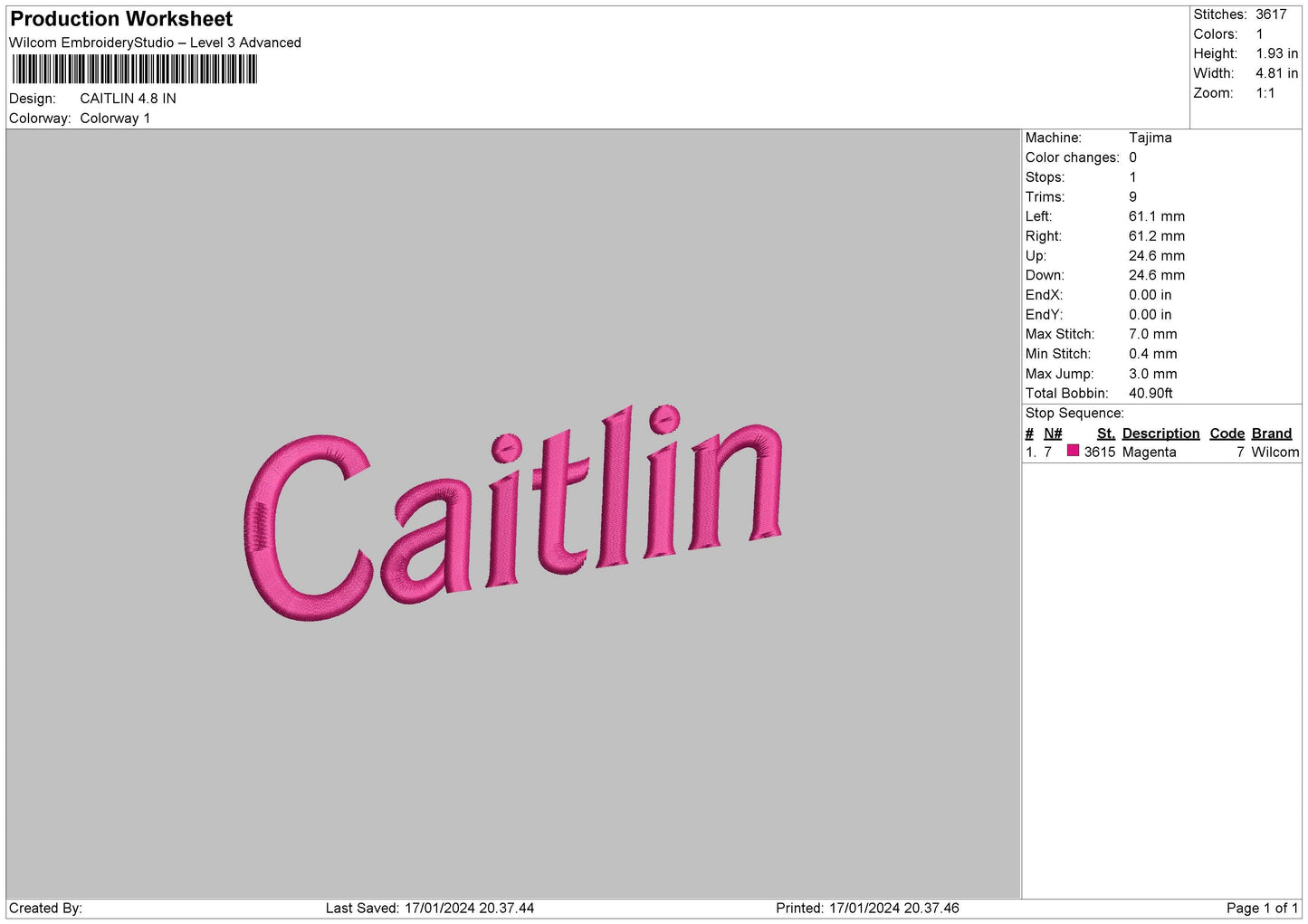Caitlin Text Embroidery Machine Design File 6 sizes