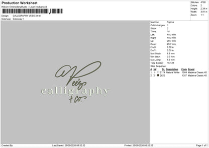 CALLIGHRAPHY VEES Embroidery Machine Design File 6 sizes