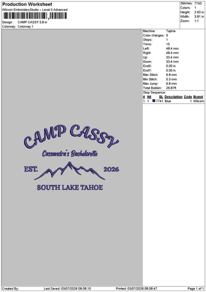 CAMP CASSY Embroidery Machine Design File