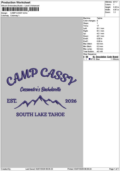 CAMP CASSY Embroidery Machine Design File