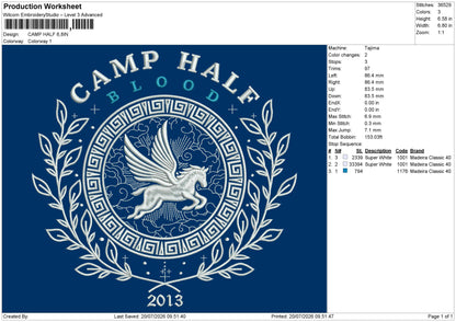 Camp Half Embroidery Machine Design File 6 sizes