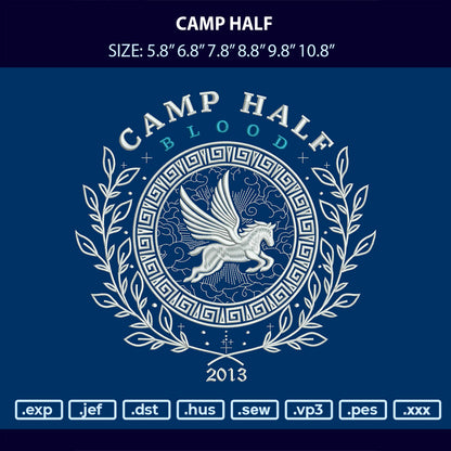 Digital preview of a camp-themed embroidery design featuring a white Pegasus emblem inside a Greek key circle, surrounded by laurel branches, with the text 'CAMP HALF BLOOD 2013' on a dark blue background.