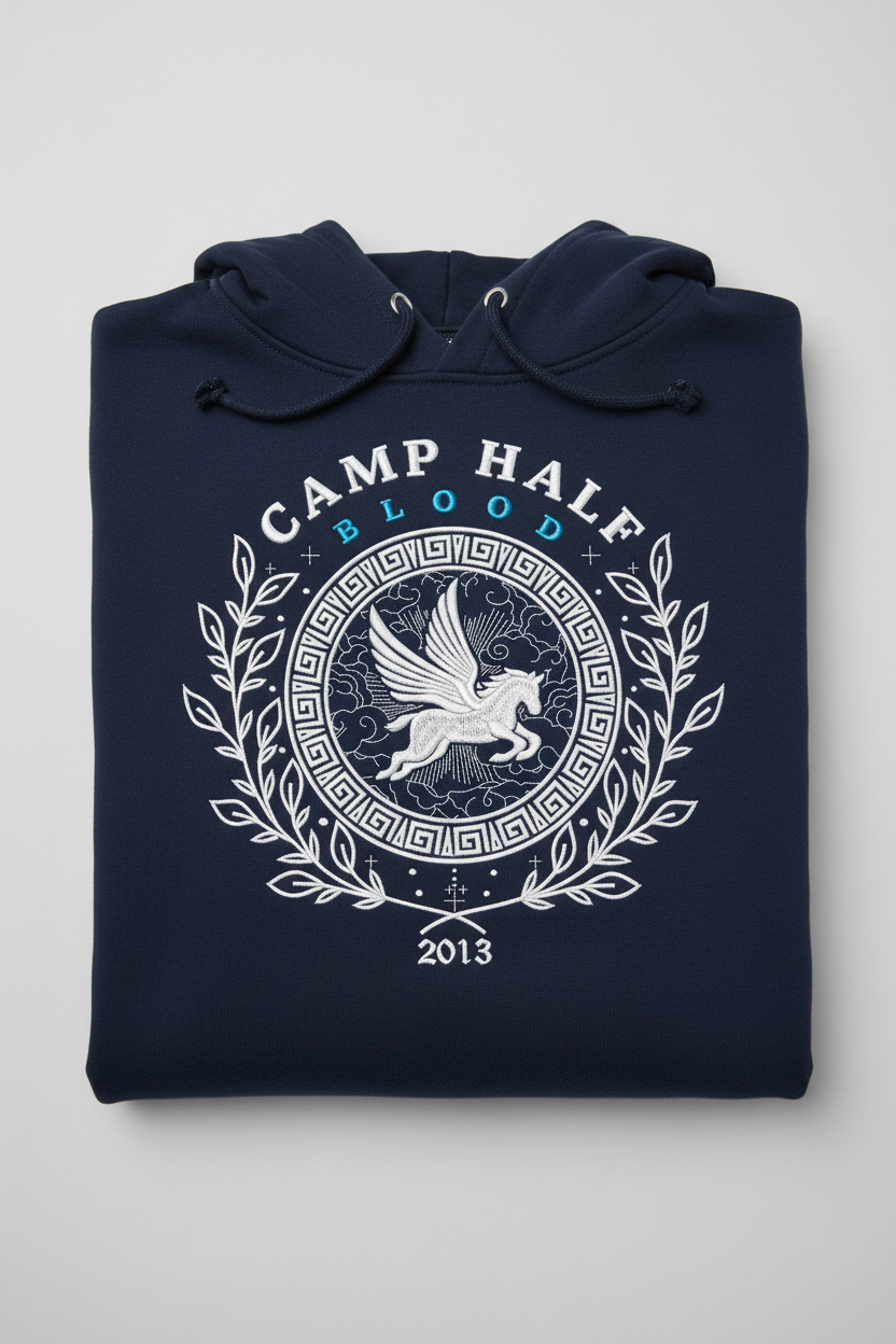 A navy blue folded hoodie with a white graphic print on the front. The graphic features a Pegasus emblem inside a circular frame with Greek key patterns, surrounded by a laurel wreath, with the text 'CAMP HALFT BLOOD' and '2013'.