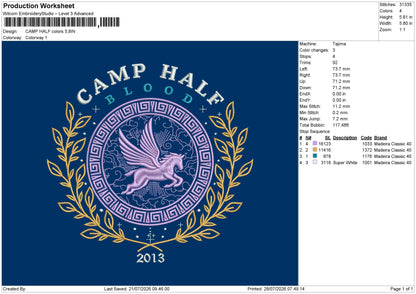 Camp Half Embroidery Machine Design File 6 sizes
