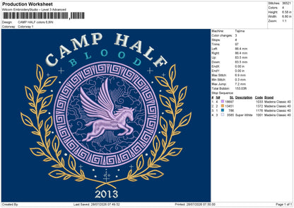 Camp Half Embroidery Machine Design File 6 sizes