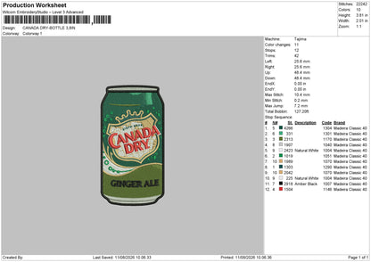 CANADA DRY - BOTTLE  Embroidery Machine Design File 6 sizes