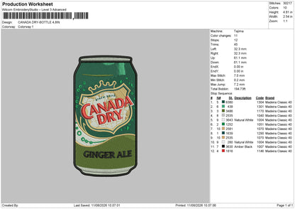CANADA DRY - BOTTLE  Embroidery Machine Design File 6 sizes