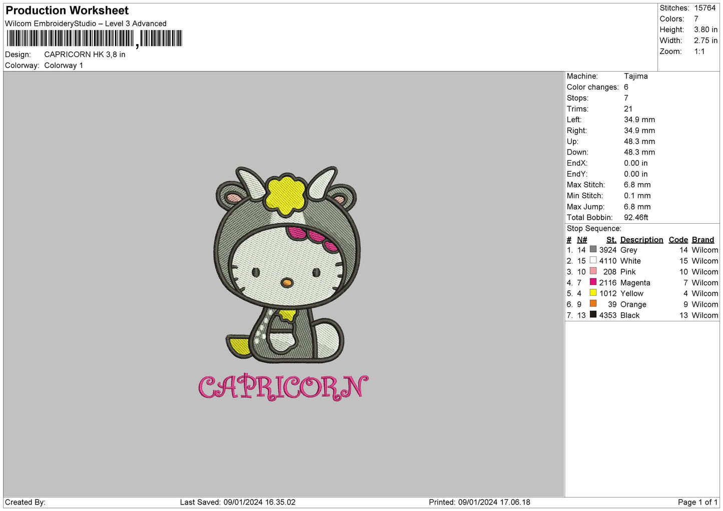 Capricorn Hello Kitty  Embroidery Design File 6 sizes