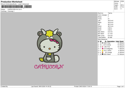 Capricorn Hello Kitty  Embroidery Design File 6 sizes