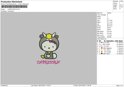 Capricorn Hello Kitty  Embroidery Design File 6 sizes