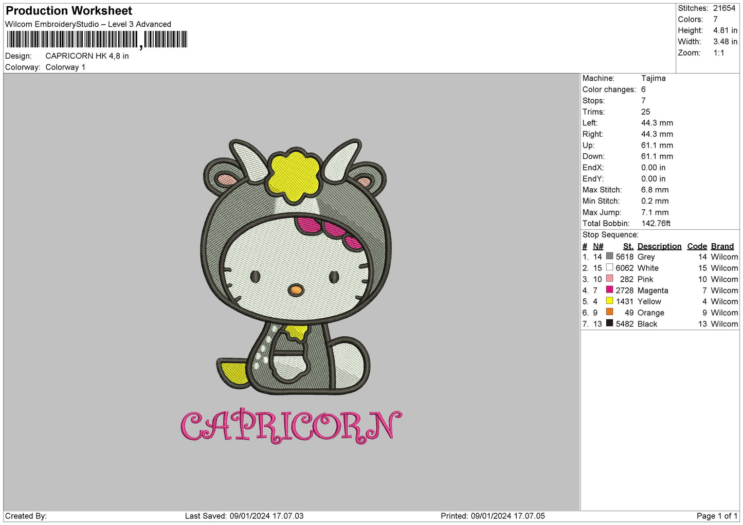 Capricorn Hello Kitty  Embroidery Design File 6 sizes