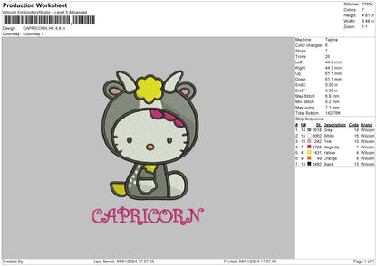 Capricorn Hello Kitty  Embroidery Design File 6 sizes
