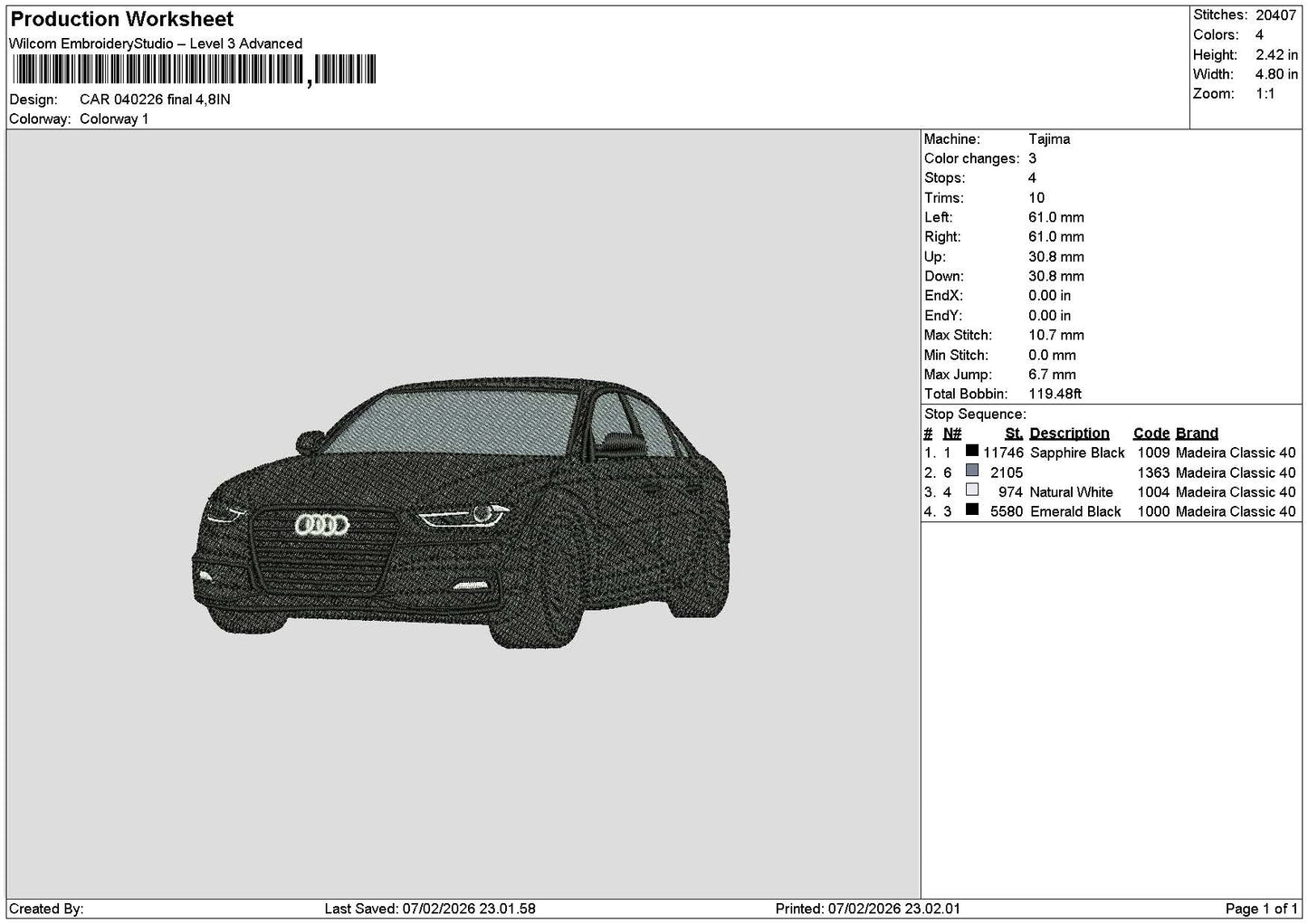 Car 0402 Embroidery File 6 sizes